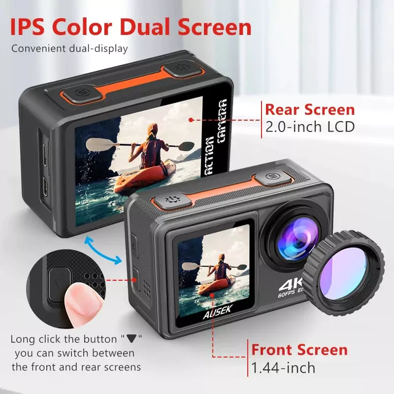 Ausek At S81Tr Waterproof Dual Display 5K Action Camera With Filter B