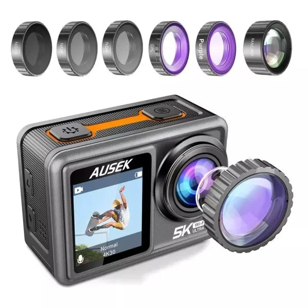 Ausek At S81Tr Waterproof Dual Display 5K Action Camera With Filter C