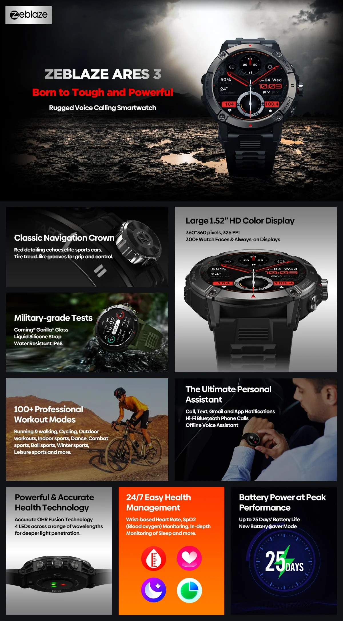 Zeblaze Ares 3 Rugged Bluetooth Calling Smart Watch D