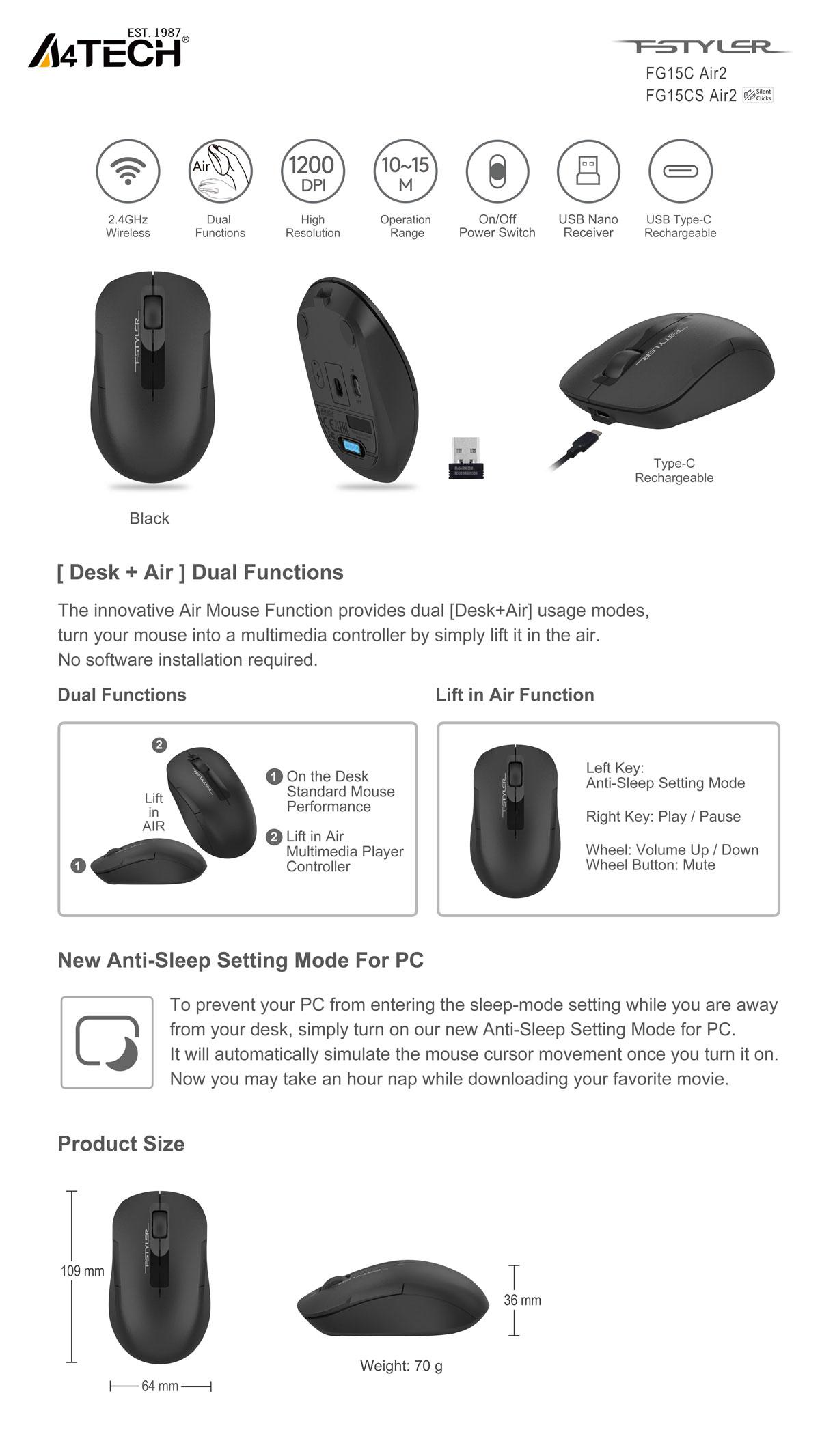 A4Tech Fstyler Fb10Cs Silent Multimode Rechargeable Wireless Mouse D