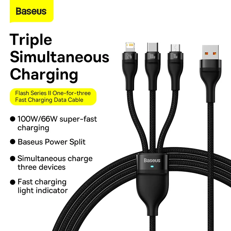 Baseus Cass030001 Cable Flash Series Ⅱ One For Three Fast Charging Data Cable Usb To M+L+C 100W 1 2M F