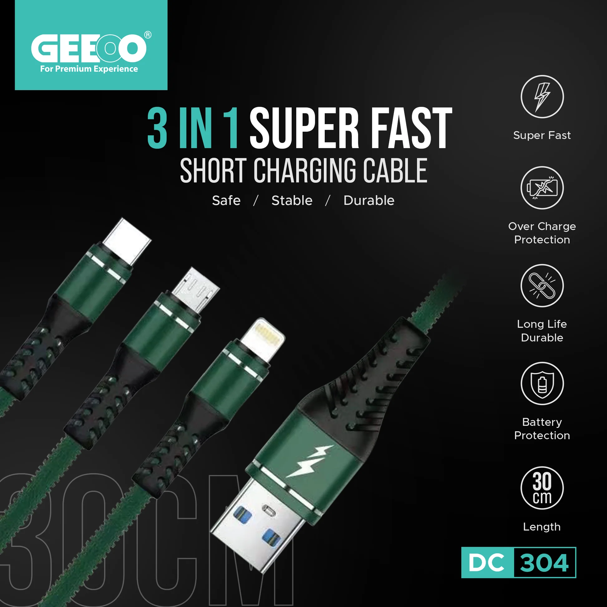 Geeoo Dc 304 3 In 1 5A Short Charging Cable 30Cm B