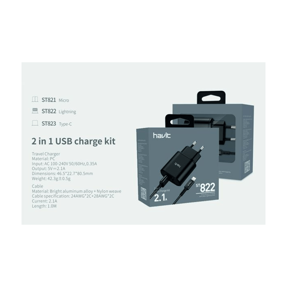 Havit St822 2 In 1 Usb Charge Kit With Usb To Lightning(Iphone) Cable B