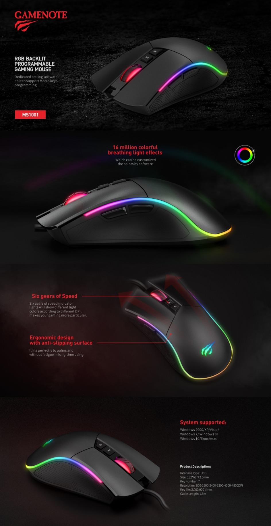 Havit Gamenote Ms1001S Rgb Backlit Programmable Gaming Mouse B