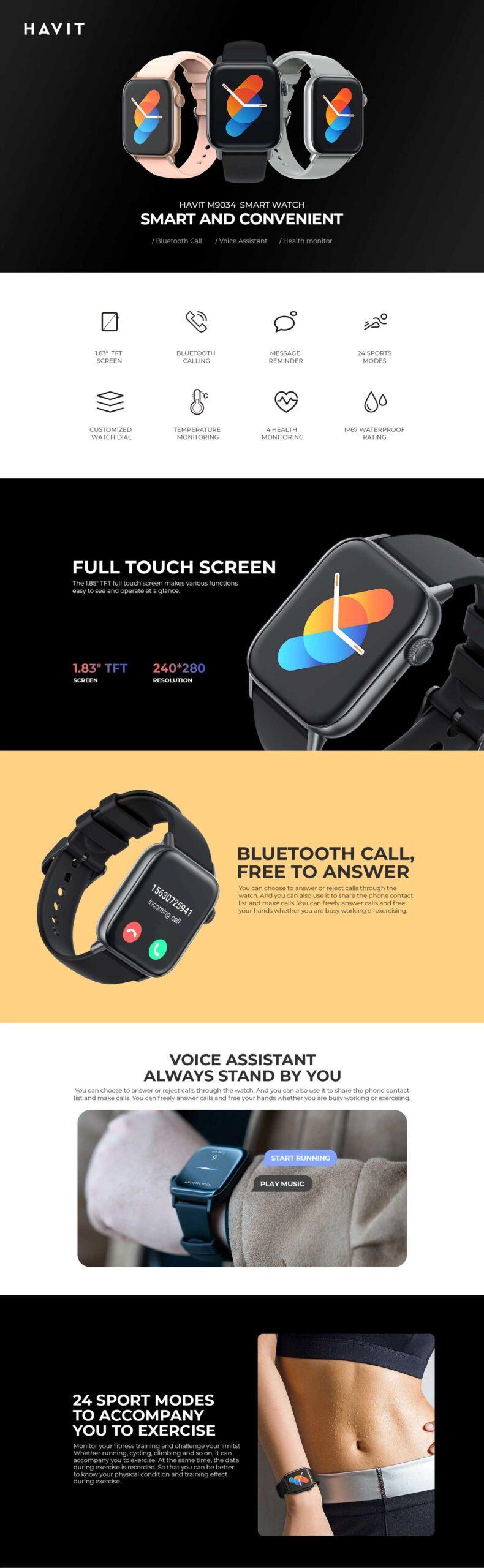 Havit M9034 Bluetooth Calling Smart Watch D