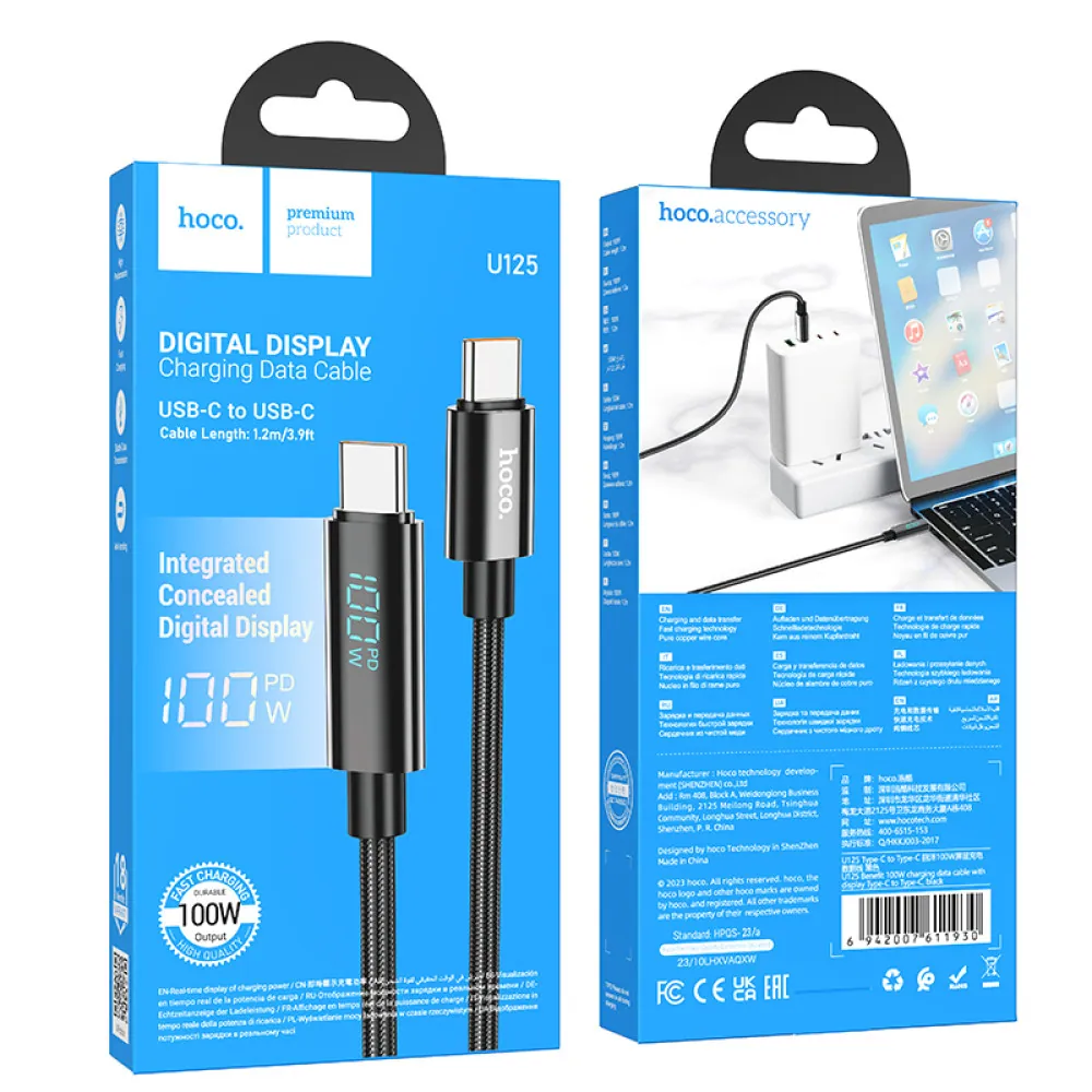 Hoco U125 Benefit 100W Fast Charging Data Cable With Display (Type C To Type C) B