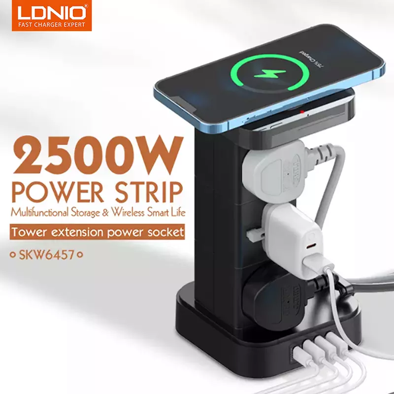 Ldnio Skw6457 6 Outlet Usb Tower Extension Power Socket With 15W Wireless Charger A