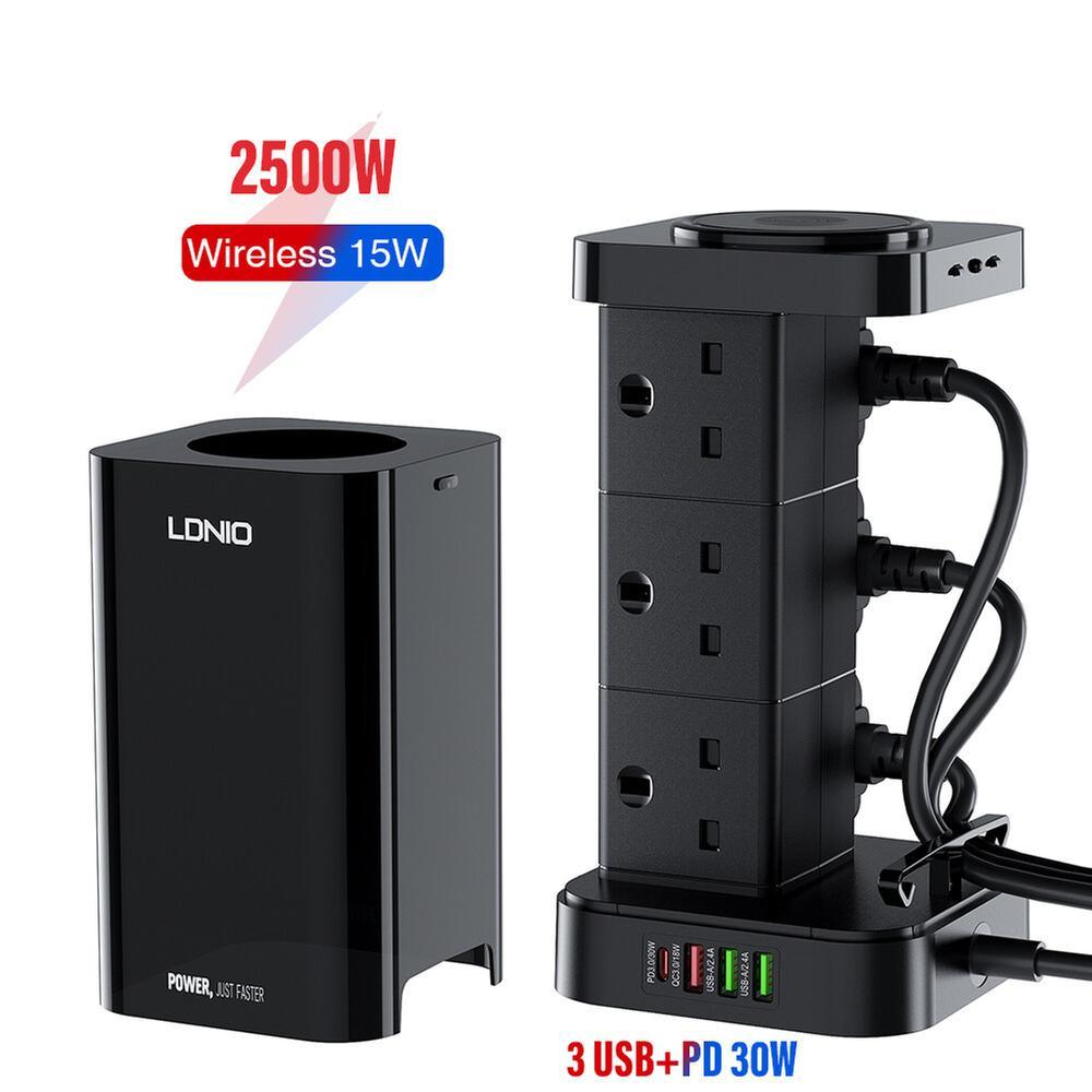 Ldnio Skw6457 6 Outlet Usb Tower Extension Power Socket With 15W Wireless Charger B