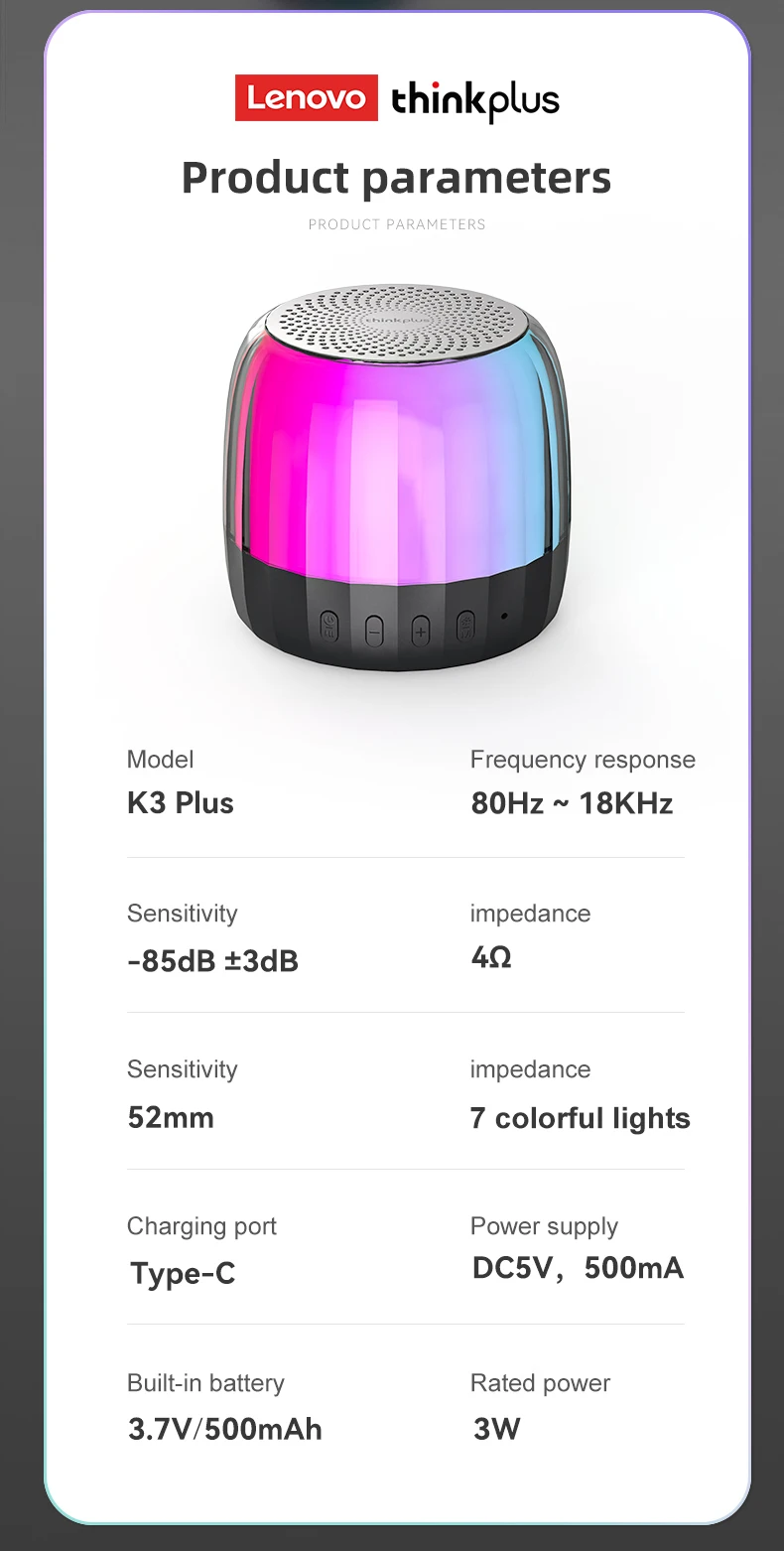 Lenovo Thinkplus K3 Plus Rgb Portable Bluetooth Speaker A