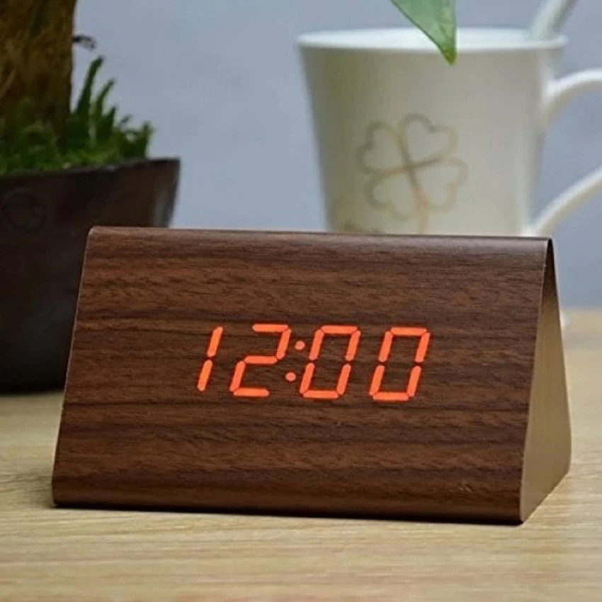 Triangle Wooden Style Digital Led Clock Dark Wood C