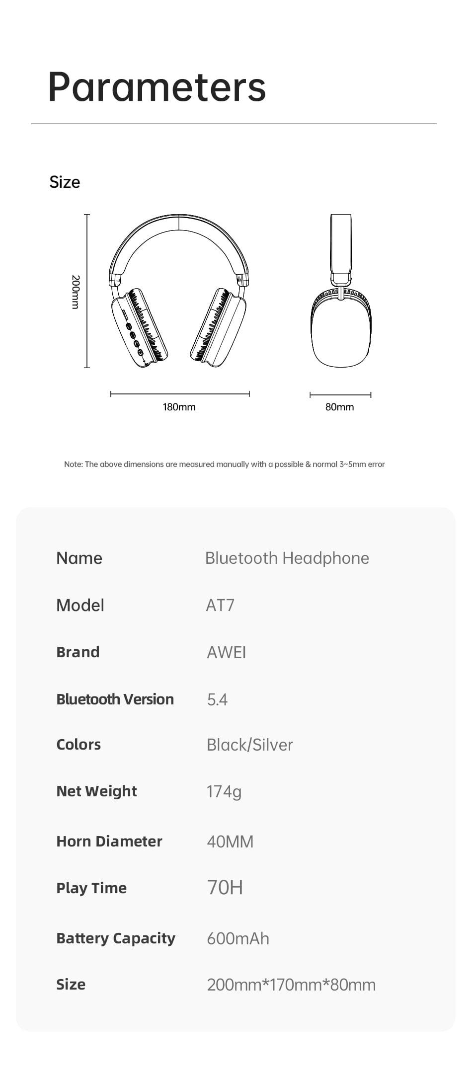 Awei At7 Bluetooth Wireless Headphone F