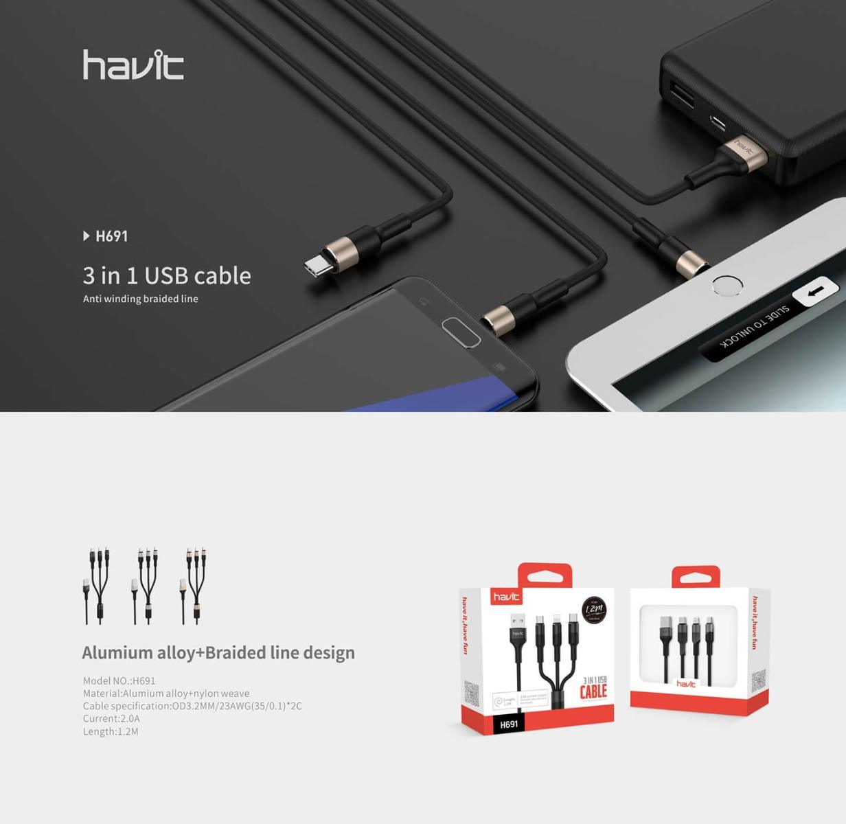 Havit H691 3 In 1 Micro Usb, Lightning, Type C Data And Charging Cable A