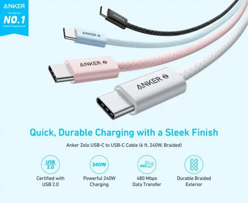 Anker Zolo 240W Usb C To Usb C Cable For Iphone 16 Series,Macbook E