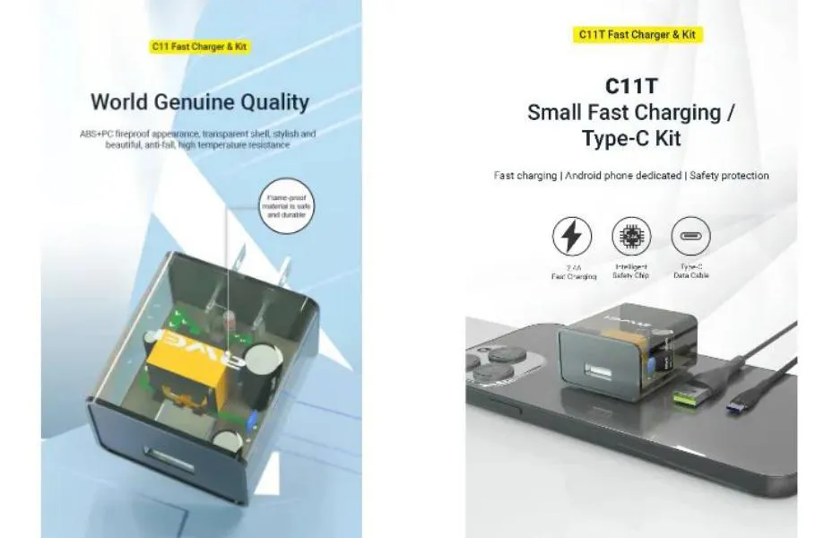 Awei C11T Fast Charging Transparent Adapter With Type C Cable B
