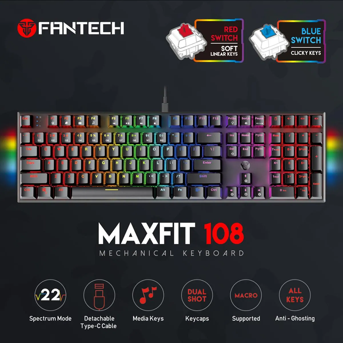 Fantech Maxfit108 Mk855 Rgb Usb Wired Mechanical Gaming Keyboard A