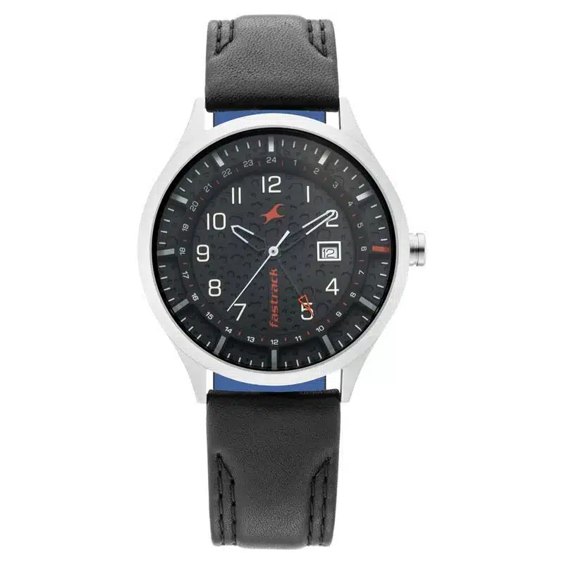 Fastrack Nn3205Tl02 Titanium Quartz Analog Date Black Dial Leather Strap Watch E