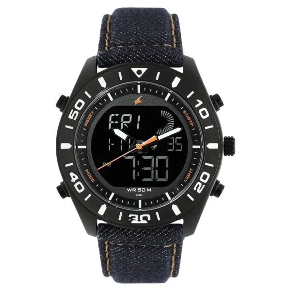 Fastrack NP38034NL01 Denim Quartz Analog Digital Black Dial Denim Strap Watch for Guys