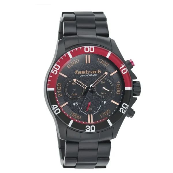 Fastrack NS3072NM01 Hitlist Quartz Chronograph Black Dial Stainless Steel Strap Watch for Guys