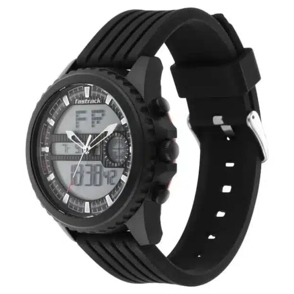 Fastrack NS38064PP01 Streetwear Quartz Analog Digital Black Dial PU Strap Watch a