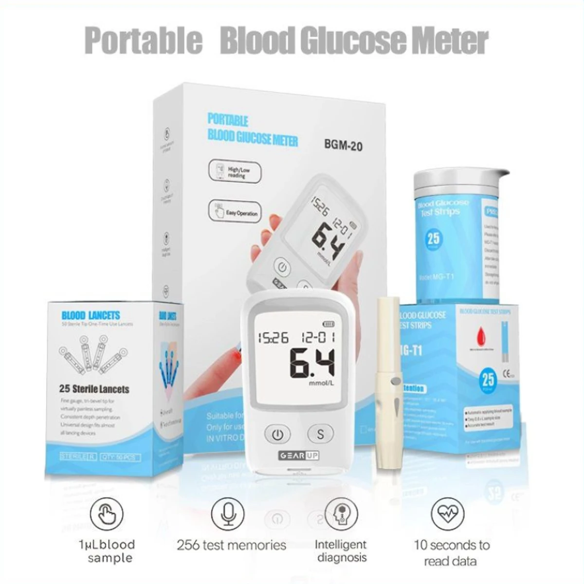 Gearup Bgm 20 Diabetes Measuring Machine Blood Glucose Meter With 25 Test Strips A