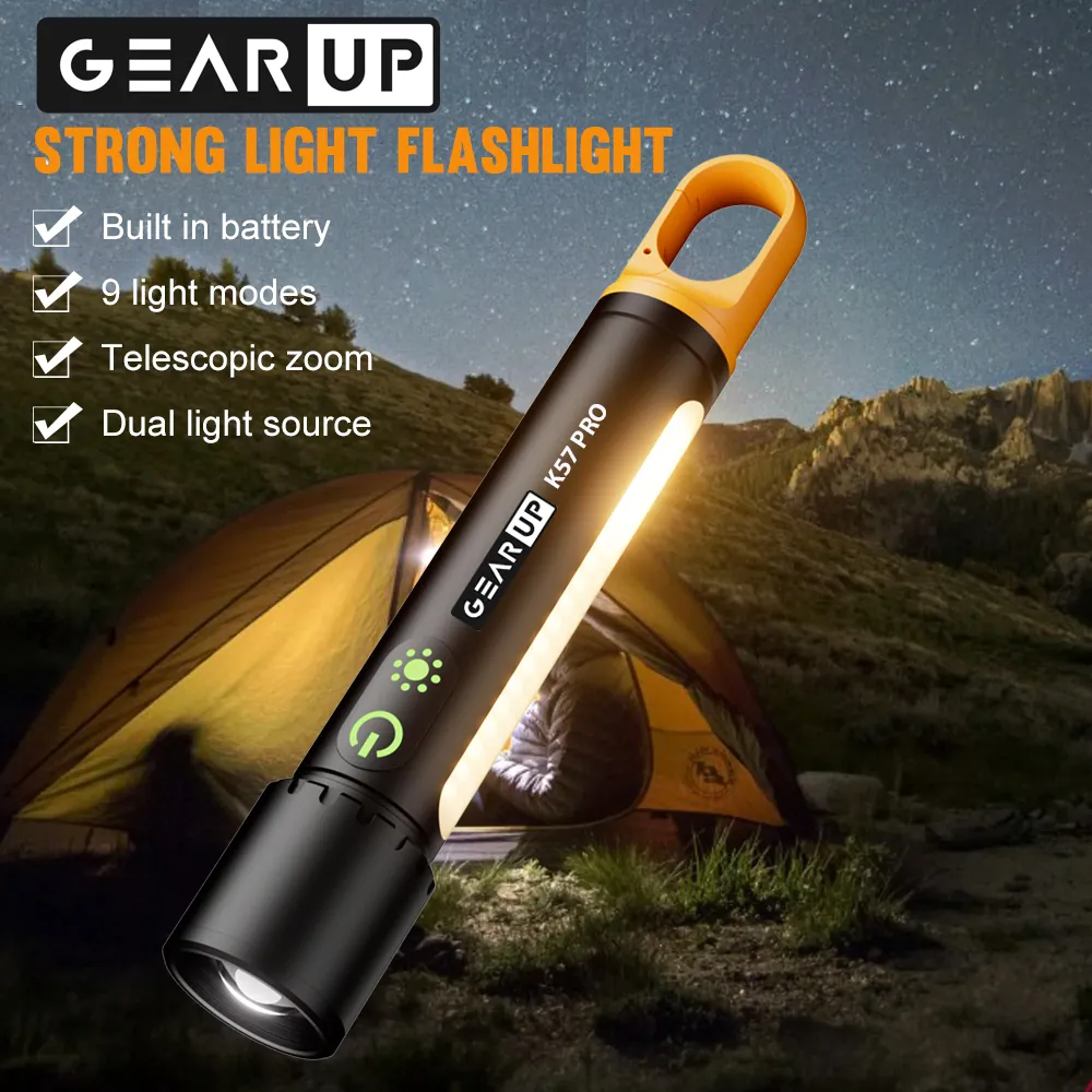 Gearup K57 Pro Rechargeable High Power Flashlight + Large Cob Light With 3500Mah Lithium Battery A