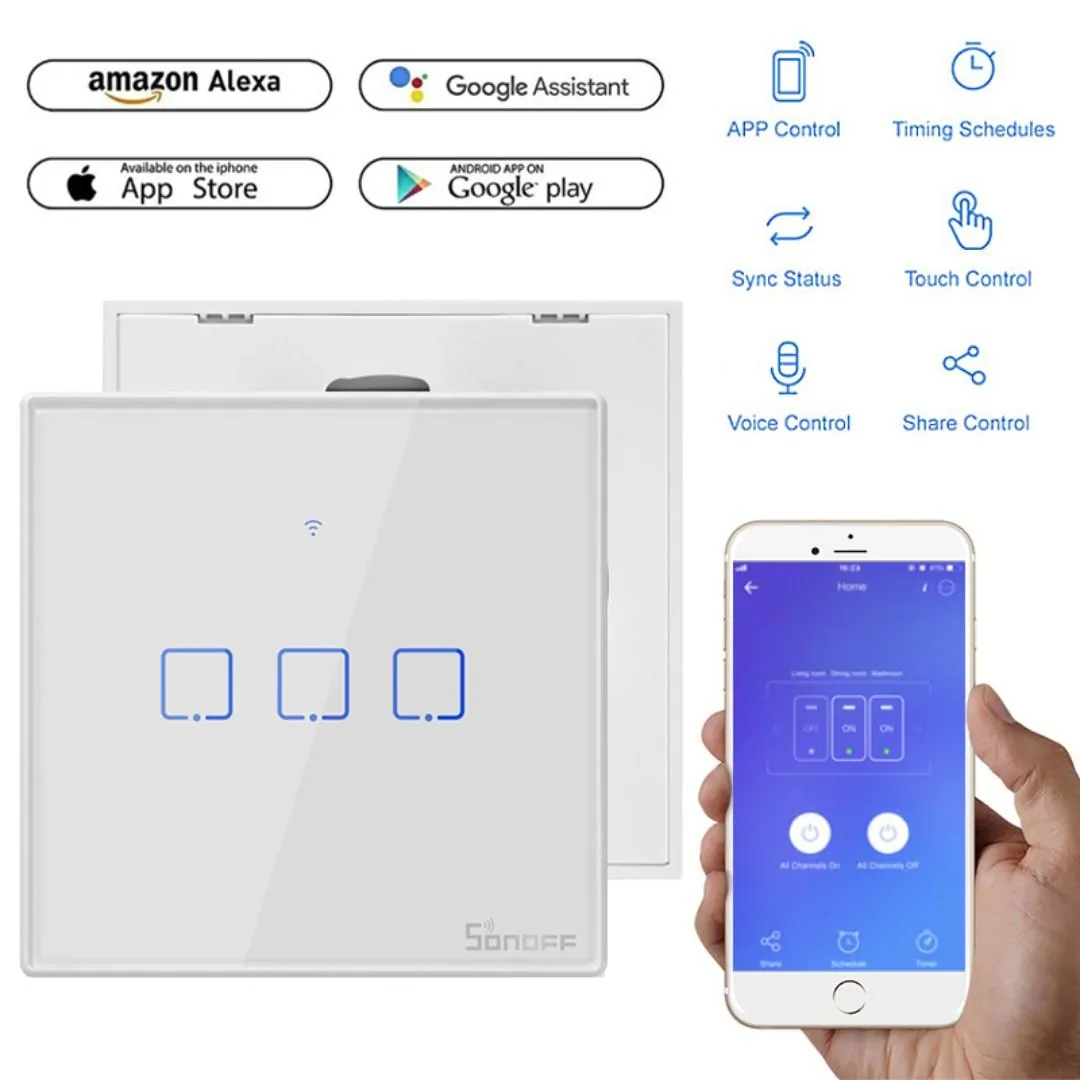 Sonoff T3 Uk 3 Gang Wifi Smart Wall Touch Switch Compatible With Alexa, Google Assistant