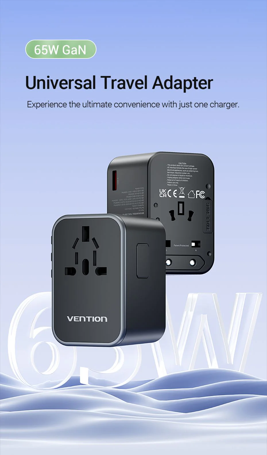 Vention 3 Port Usb (C + C + A) Gan Universal Travel Adapter A