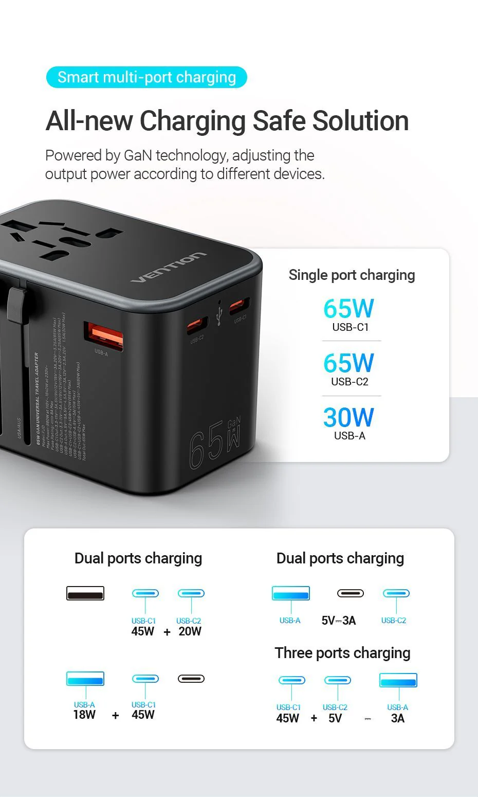 Vention 3 Port Usb (C + C + A) Gan Universal Travel Adapter E