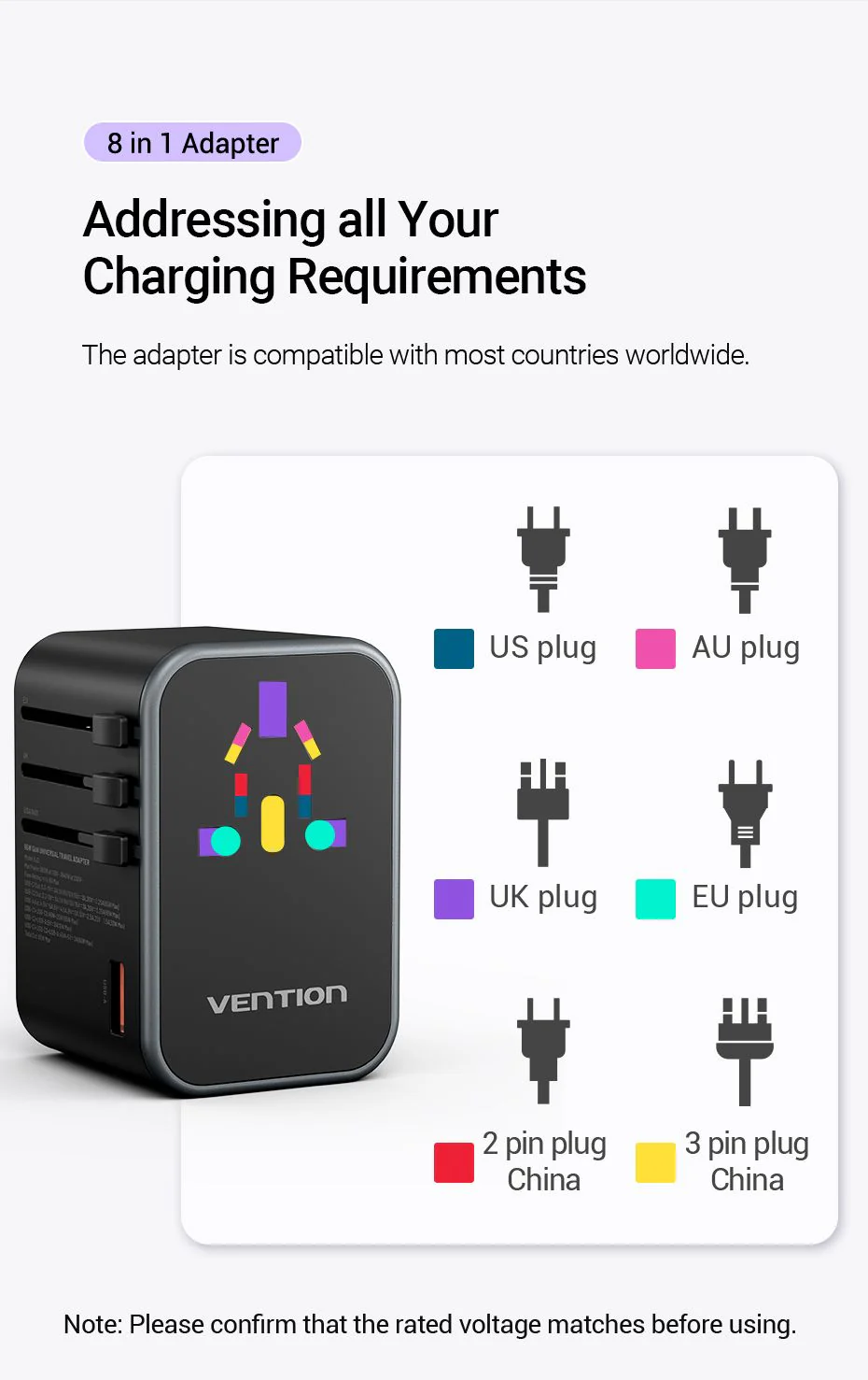 Vention 3 Port Usb (C + C + A) Gan Universal Travel Adapter G