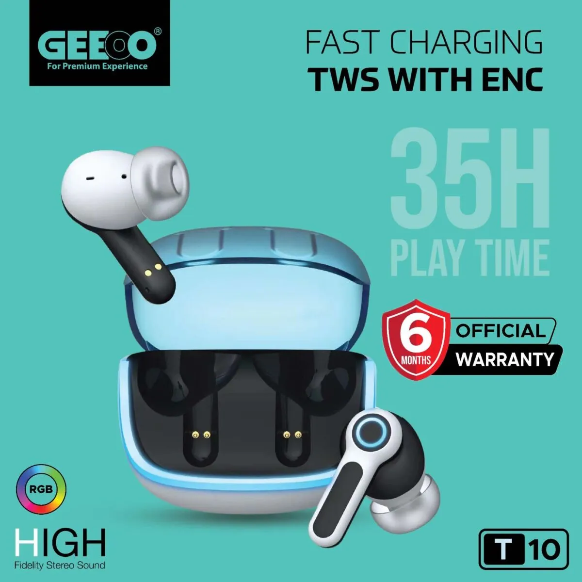 Geeoo T10 Fast Charging Tws With Enc Earbuds B