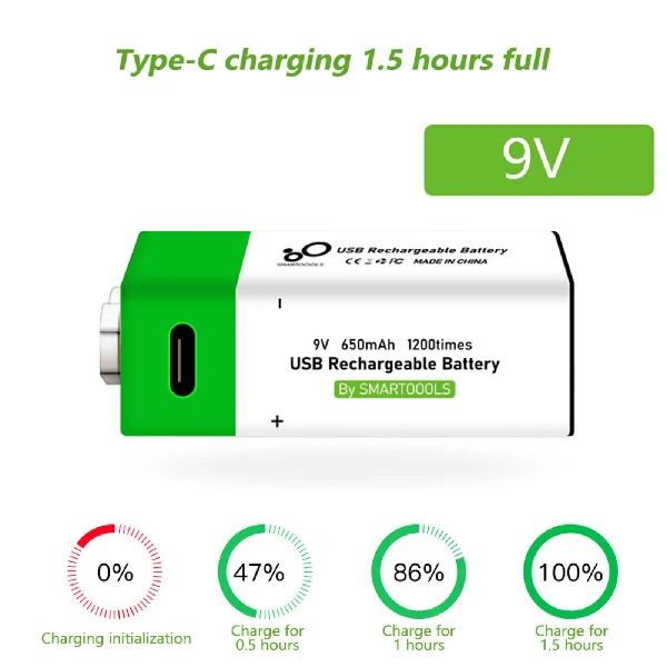 Smartoools 9V Type C Lithium Rechargeable Battery A