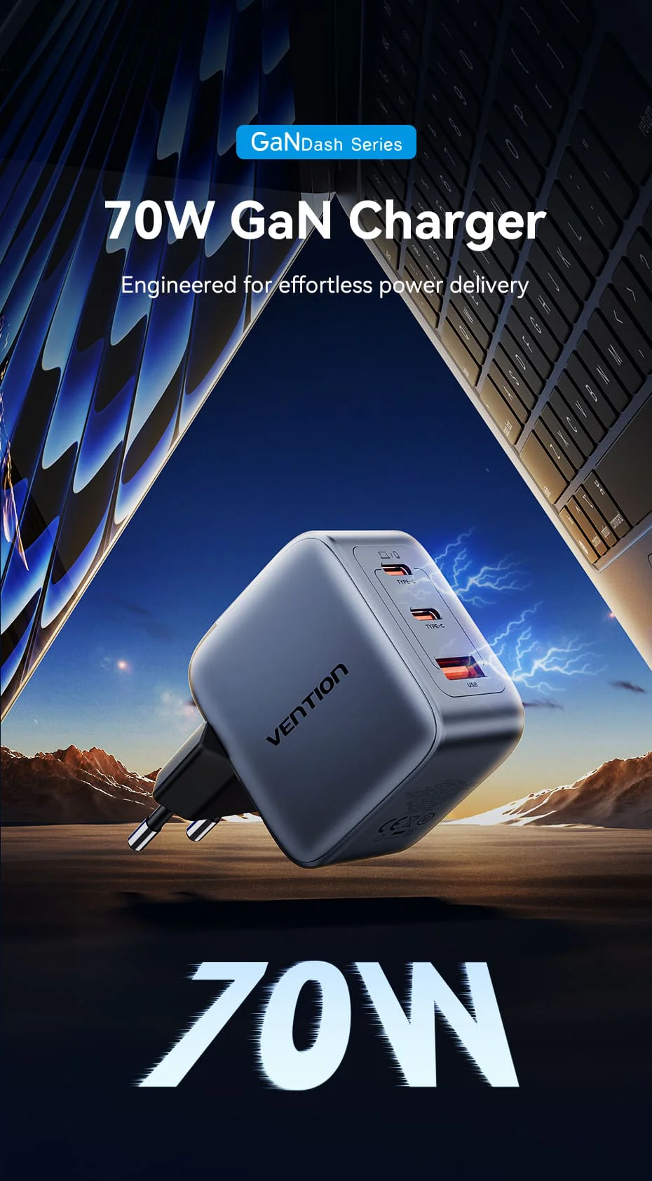 Vention 3 Port Usb (C+C+A) Gan Charger (70W 70W 22 5W) Eu Plug A