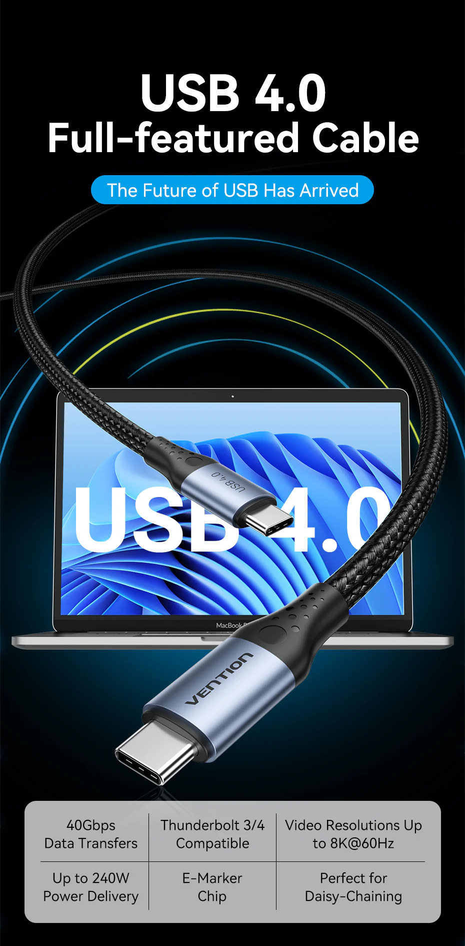 Vention Cotton Braided Usb 4 0 Type C Male To Type C Male 5A Cable 1M Aluminum Alloy Type A