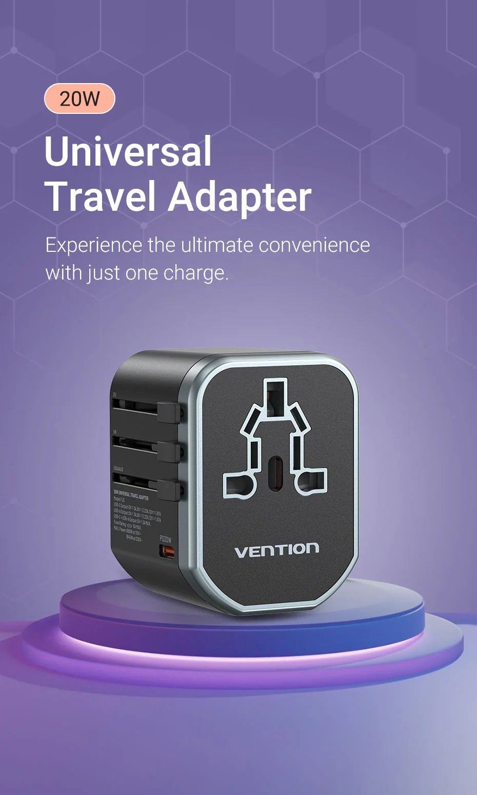 Vention Fjcb0 3 Port Usb 20W Universal Travel Charger Adapter E