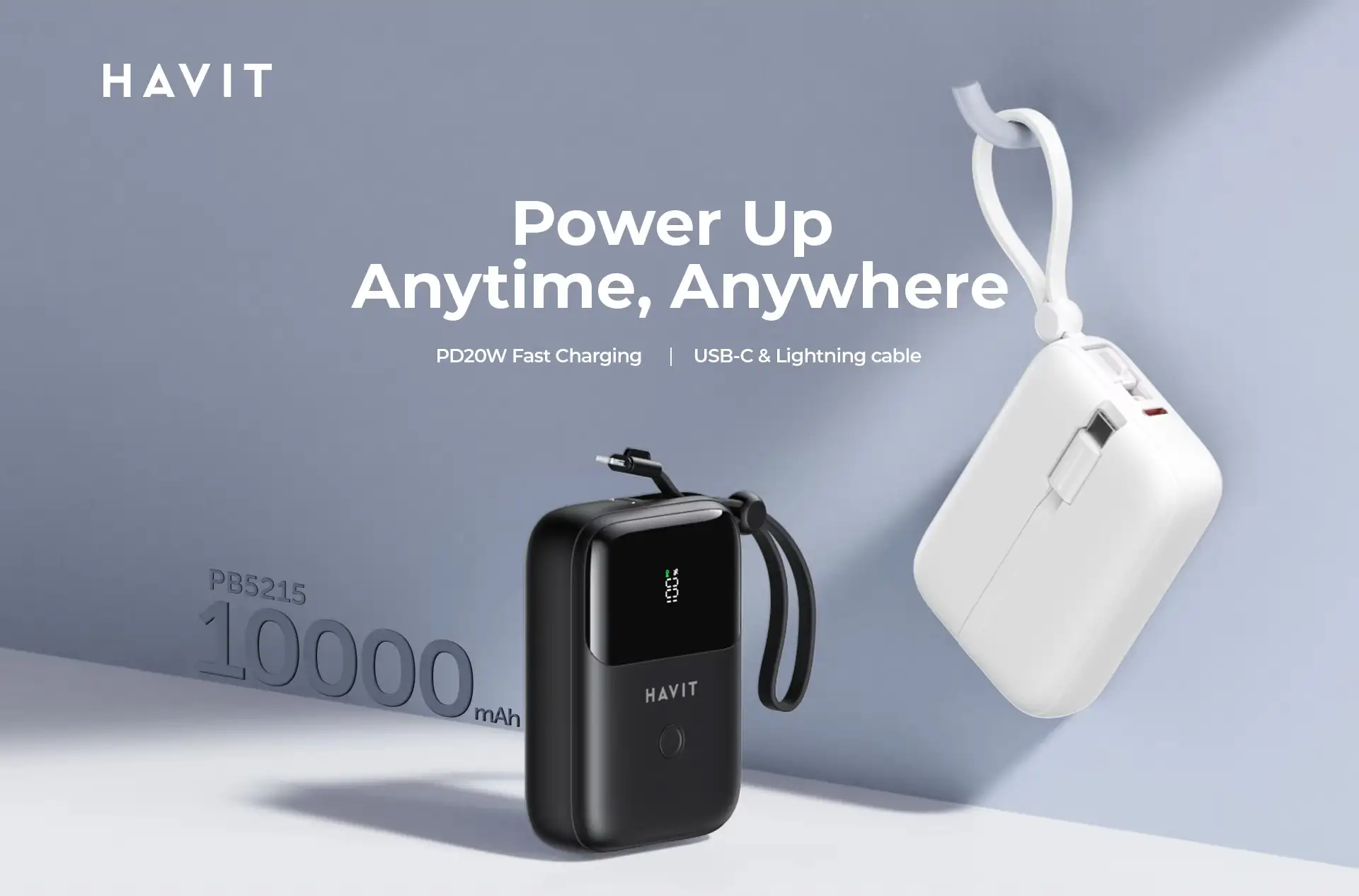 Havit Pb5215 10000Mah Power Bank With Led Display, Usb C &Amp; Lightning Cable A Havit Pb5215 10000Mah Power Bank With Led Display, Usb C &Amp; Lightning Cable A