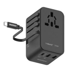 Momax 1 World 70W GaN 3 Port With Built In USB C Cable AC Travel Adaptor UA18D