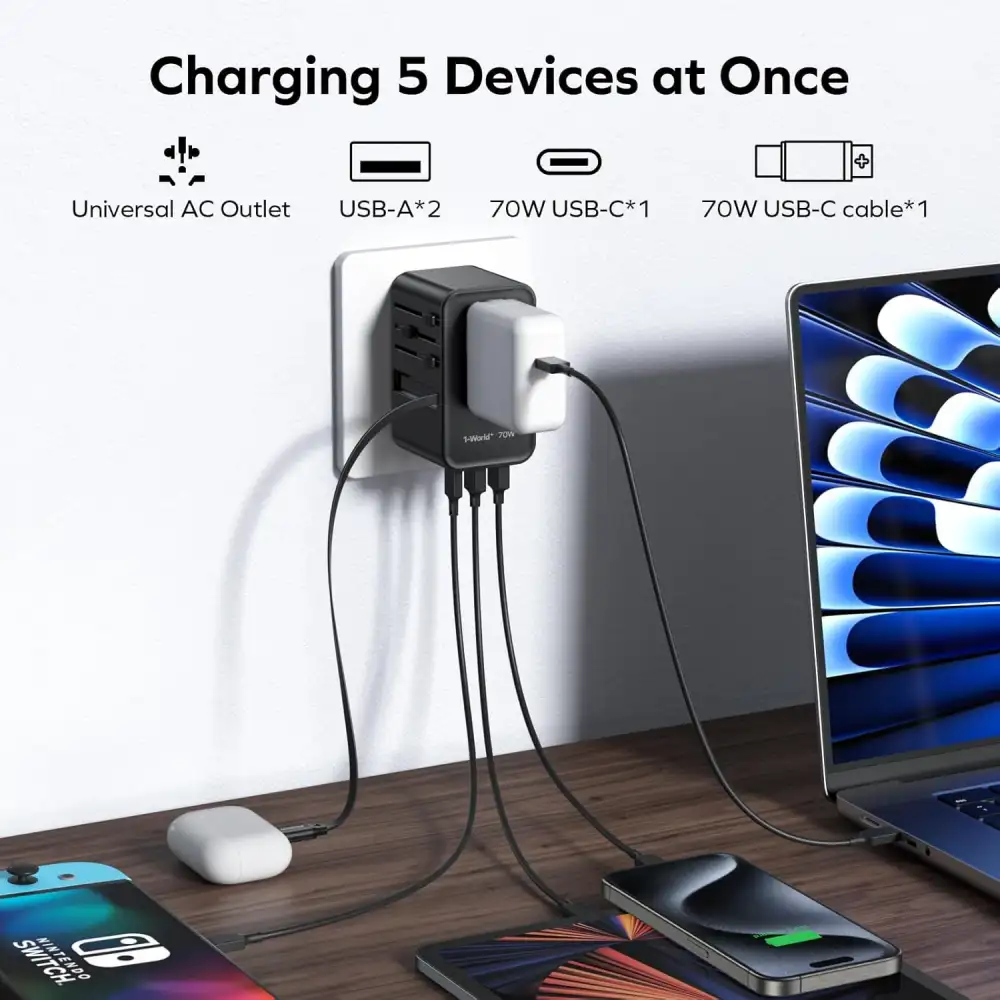 Momax 1 World 70W Gan 3 Port With Built In Usb C Cable Ac Travel Adaptor Ua18D C