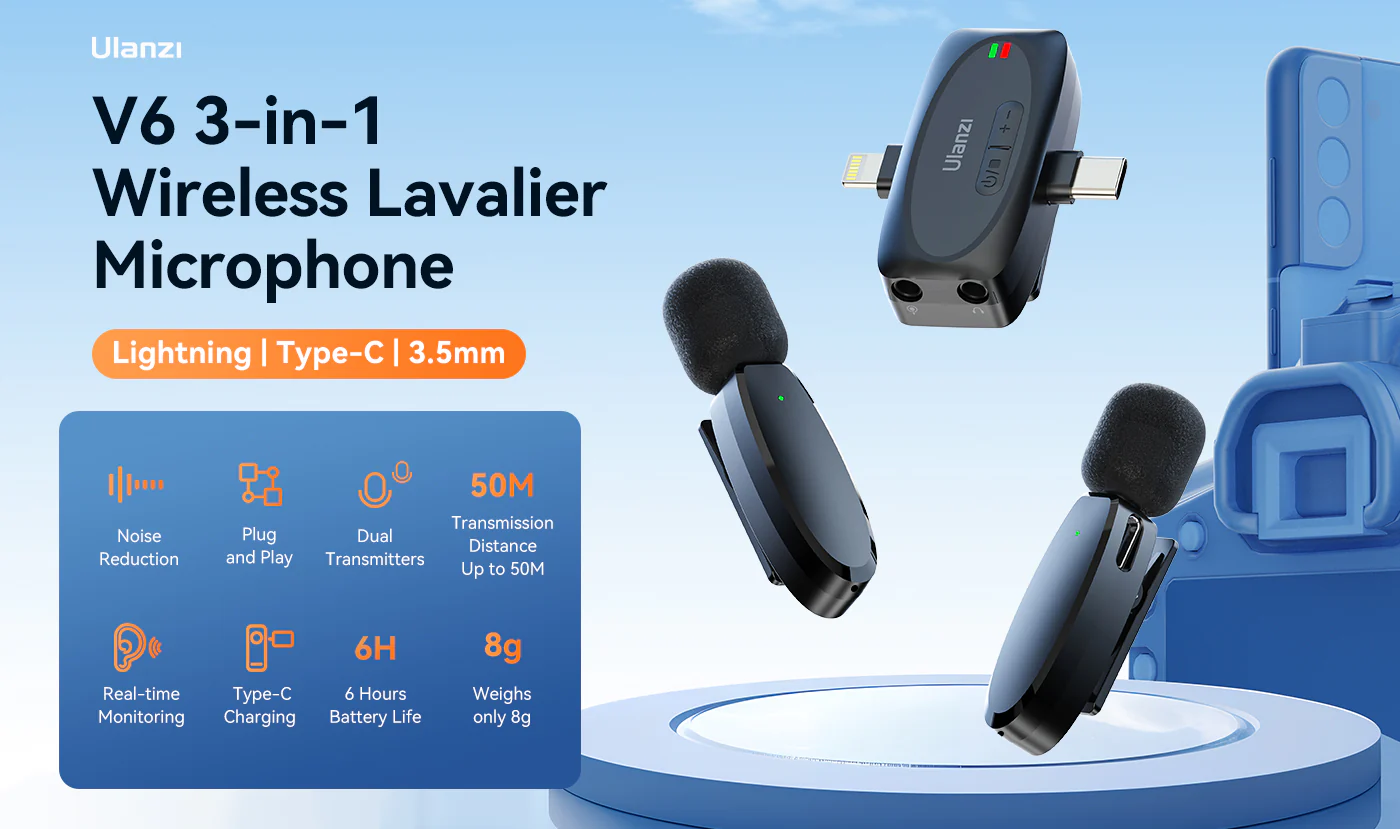 Ulanzi V6 3 In 1 Plug Play Wireless Lavalier Microphone For Iphone Android Tablet Camera A Ulanzi V6 3 In 1 Plug Play Wireless Lavalier Microphone For Iphone Android Tablet Camera A