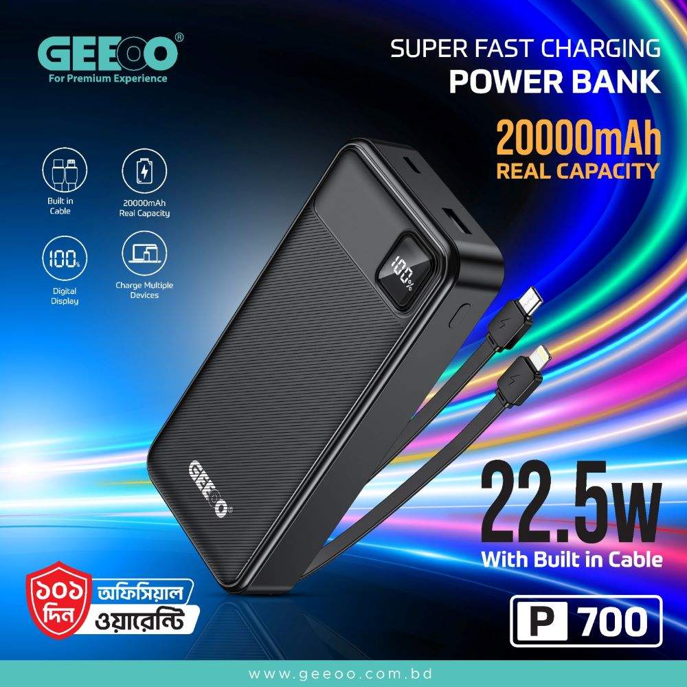 Geeoo P700 20,000Mah 22 5W Power Bank With Type C &Amp; Lightning Cable B Geeoo P700 20,000Mah 22 5W Power Bank With Type C &Amp; Lightning Cable B