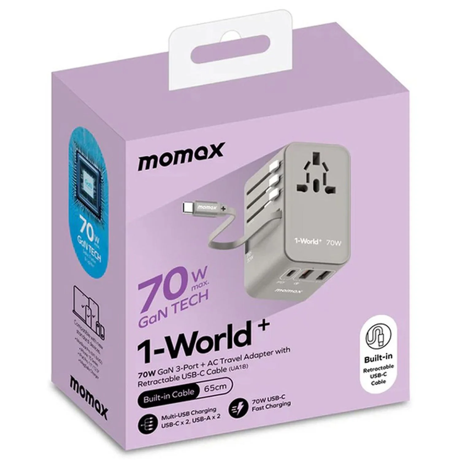 Momax 1 World Ua18D 70W Gan 3 Port + Ac Travel Adapter With Usb C Cable 4