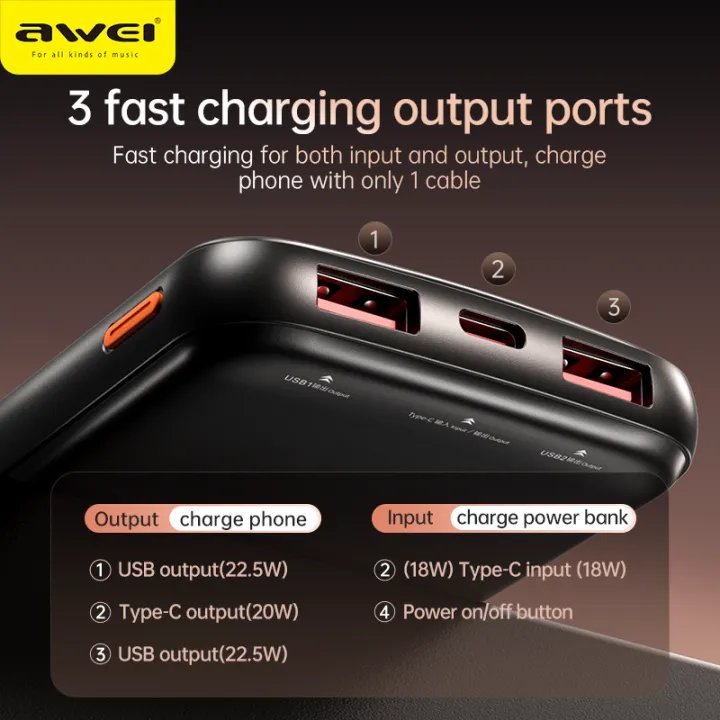 Awei P10K 10000Mah 22 5W Pd Fast Charge Power Bank C Awei P10K 10000Mah 22 5W Pd Fast Charge Power Bank C
