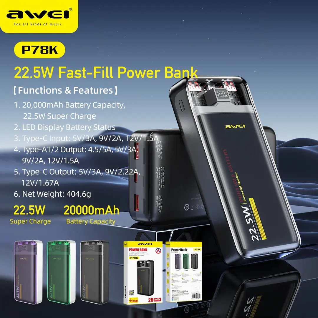 Awei P78K 20000Mah Pd22 5W Portable Fast Charging Power Bank A Awei P78K 20000Mah Pd22 5W Portable Fast Charging Power Bank A