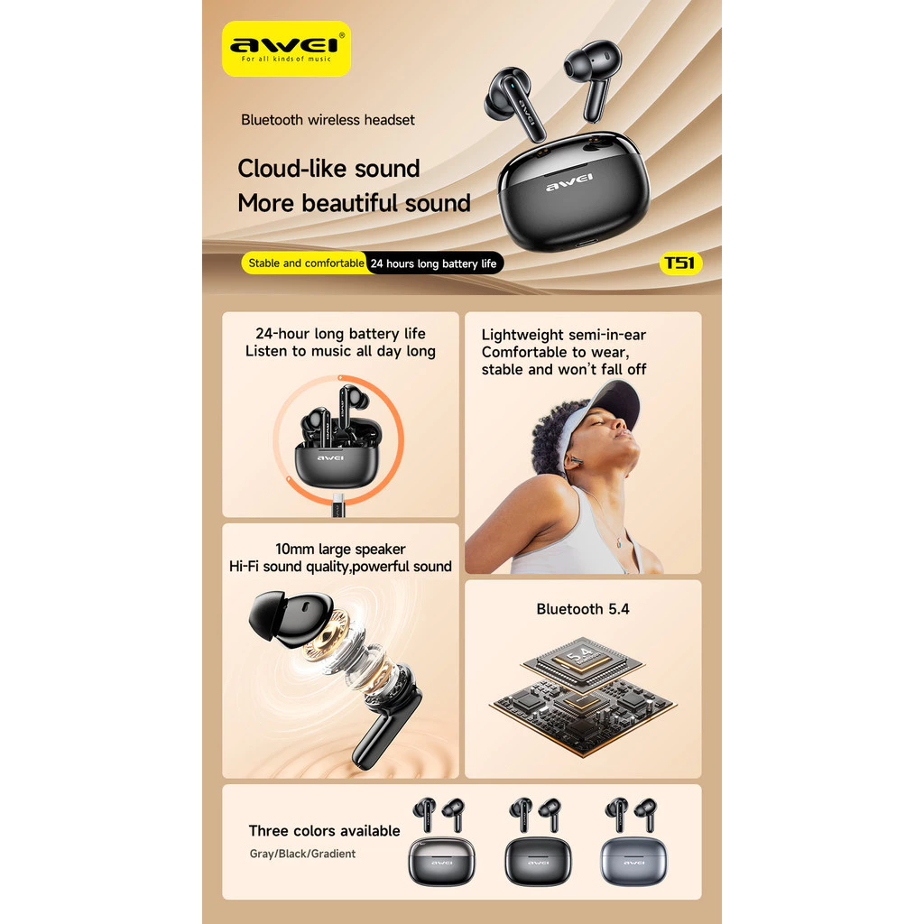 Awei T51 True Wireless Bluetooth Earphones A
