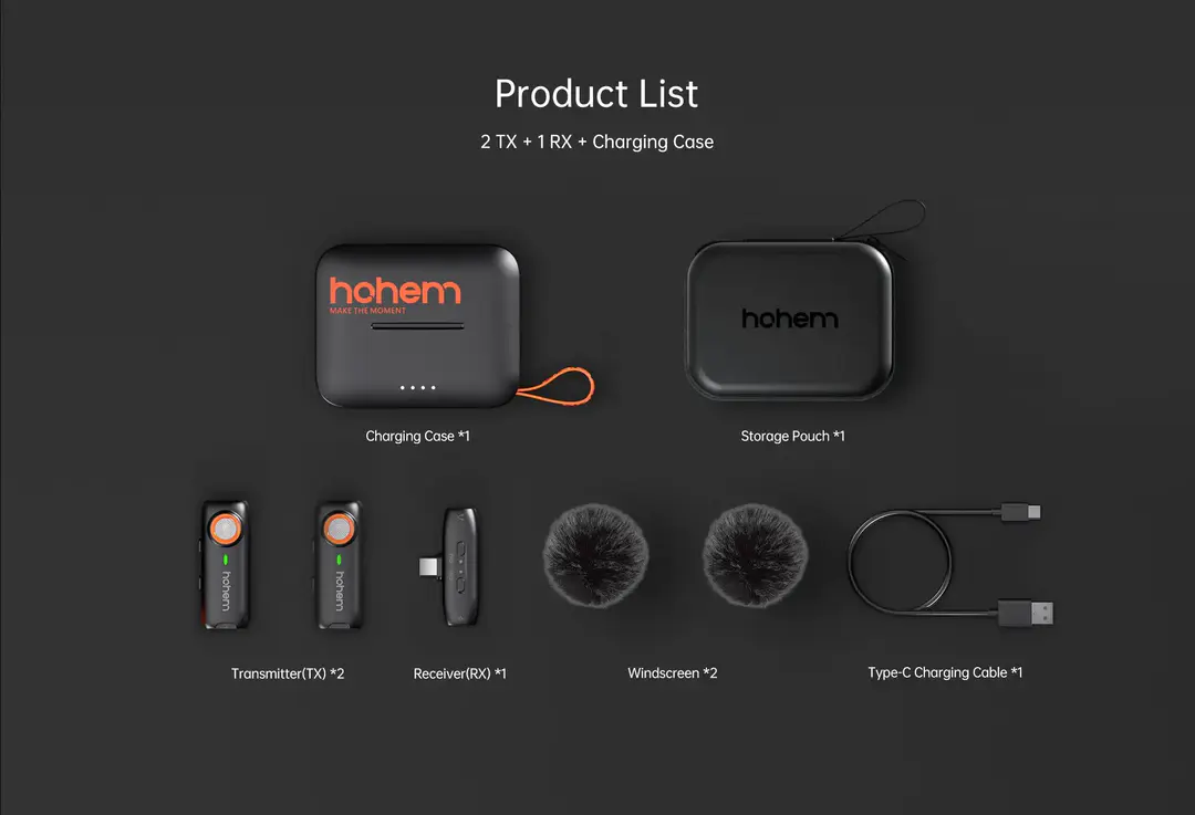 Hohem Mic 01 Wireless Microphone (2Tx+1Rx+Charging Case) For Android C