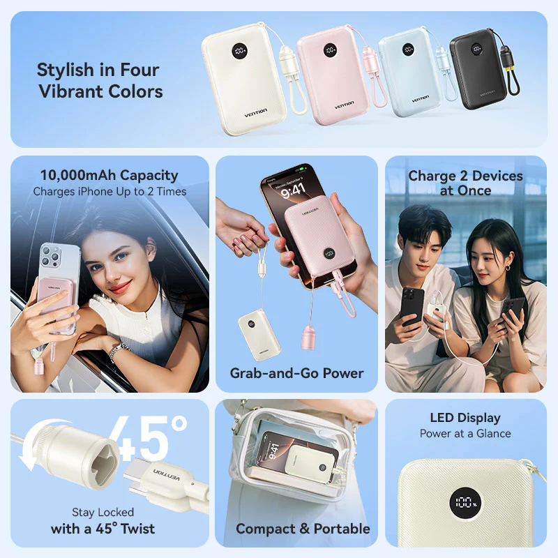 Vention Fkab0 C 10000Mah 22 5W Fast Charging Power Bank With Built In Usb C Cable B Vention Fkab0 C 10000Mah 22 5W Fast Charging Power Bank With Built In Usb C Cable B