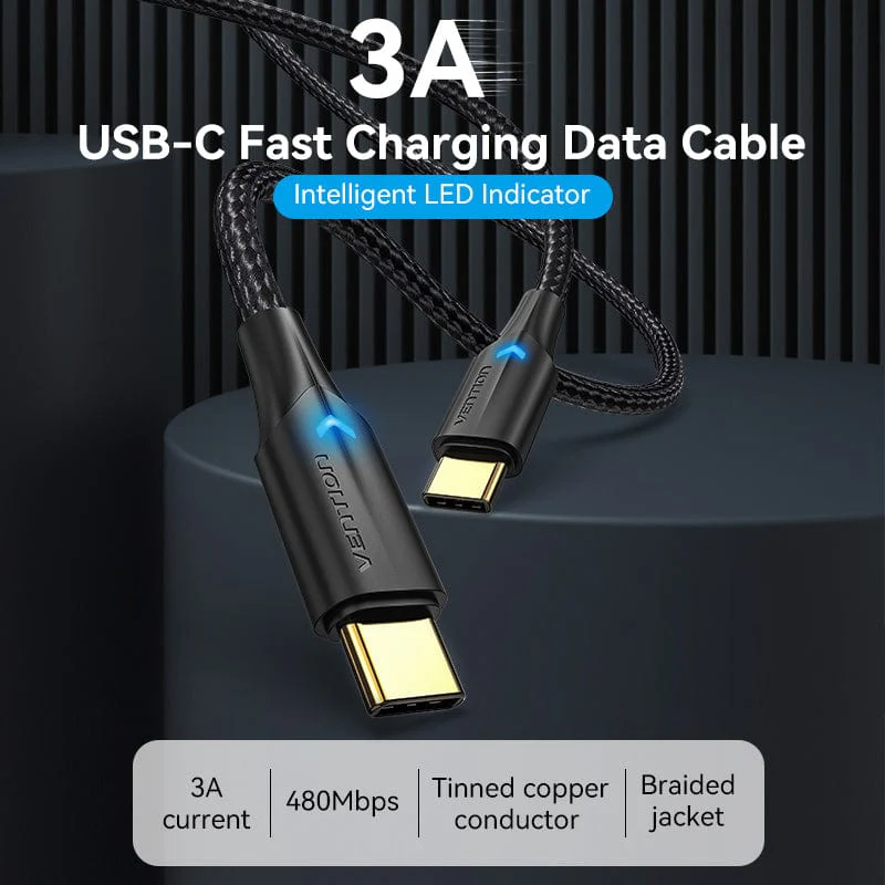 Vention Nylon Braided Usb 2 0 C Male To C Male 3A Cable Led Type A Vention Nylon Braided Usb 2 0 C Male To C Male 3A Cable Led Type A