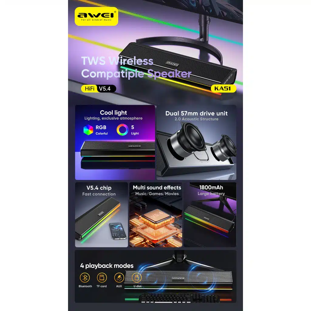 Awei Ka51 Wireless Speaker With Rgb Lights 12W B Awei Ka51 Wireless Speaker With Rgb Lights 12W B